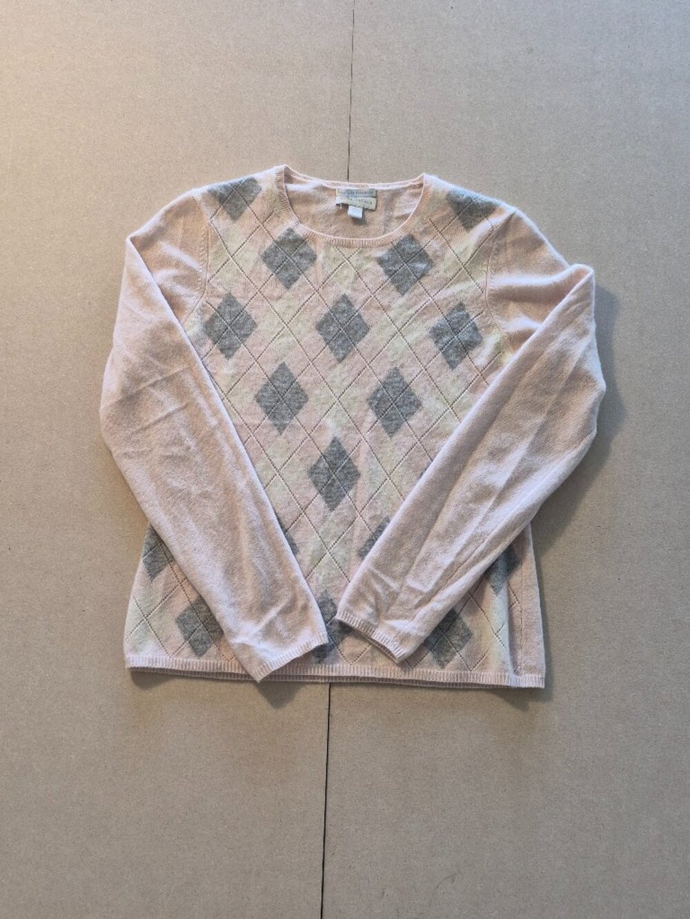 Charter Club Cashmere Womens S Pink Gray Argyle Crewneck Sweater